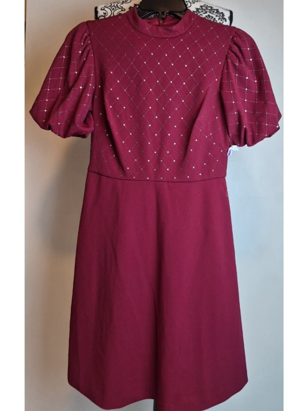 Eliza J Womens Size 4 Wine Studded Mock Neck Puff Sleeve Sheath Dress NWT